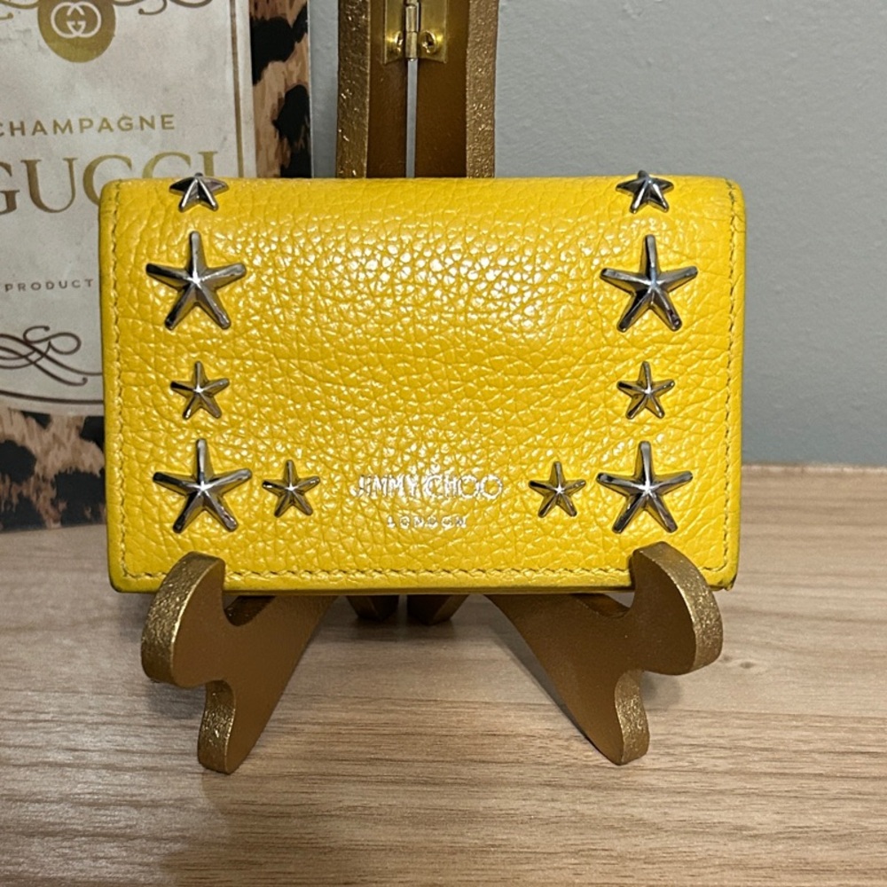 Jimmy Choo Yellow Star-Studded Leather Card Holder